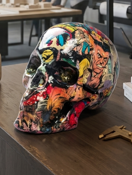 Escultura de craneo y comic